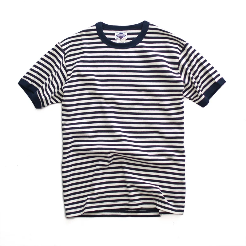 Heavyweight 280gsm American Vintage T-shirt Khaki 100% Cotton Sailor Tees Blue White Striped Sea Soul Tops for Men Summer Tops