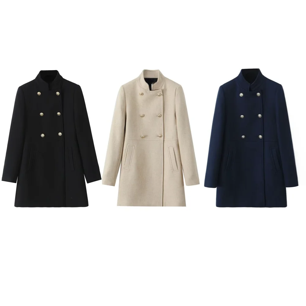 BM&MD&ZA2024 women's autumn and winter new style gold button double-breasted stand-up collar long-sleeved coat