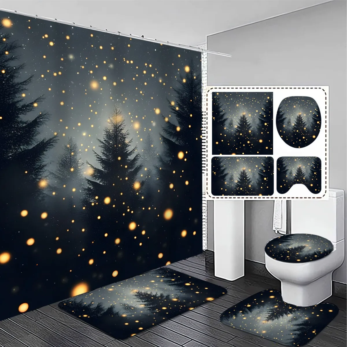 4pc 2D Flat Christmas Shower Curtain Set, Starry Forest & Golden Lights Print, Non-slip Mats & Toilet Cover, Bathroom Decor