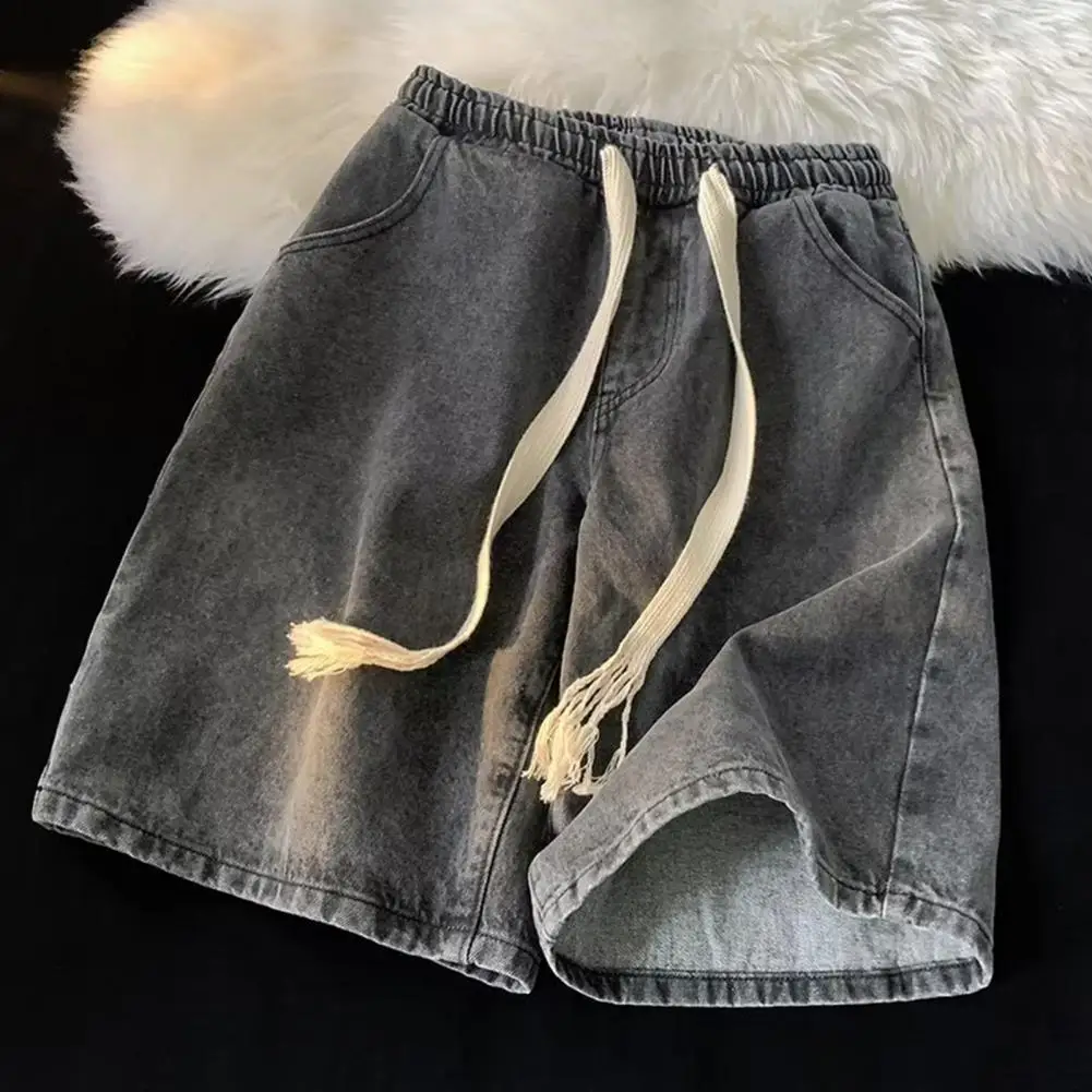 Men Wide-leg Denim Shorts Men's Quick-drying Denim Beach Shorts with Elastic Waistband Pockets Summer Wide Leg Shorts for A