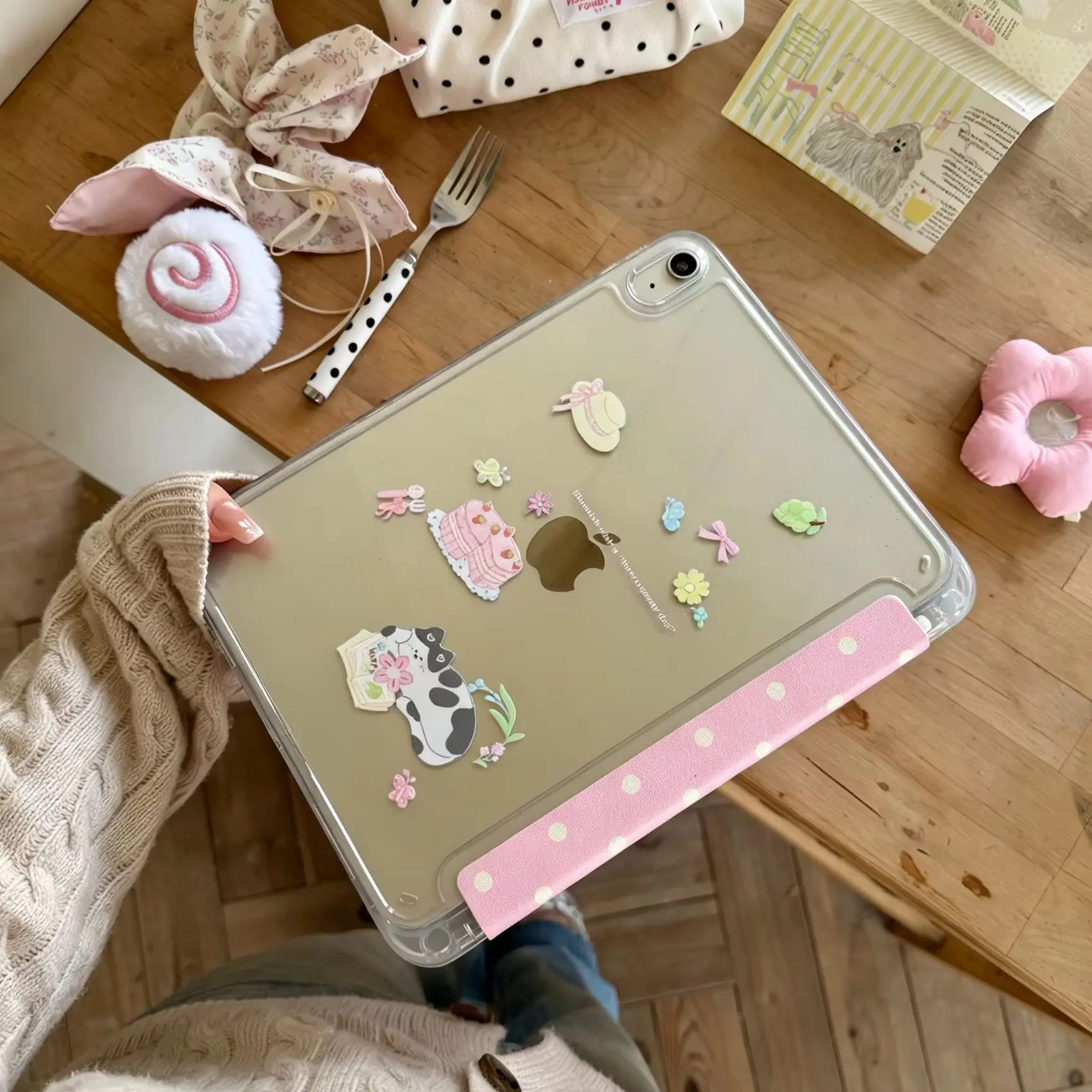 Ins Korean Wave Dot Kitten Y2K Tablet Case For iPad Pro 13in 11th M5 M4 12.9in A16 7/8/9/10th Air4/5/6/7 11in M2 M3 Mini Cover