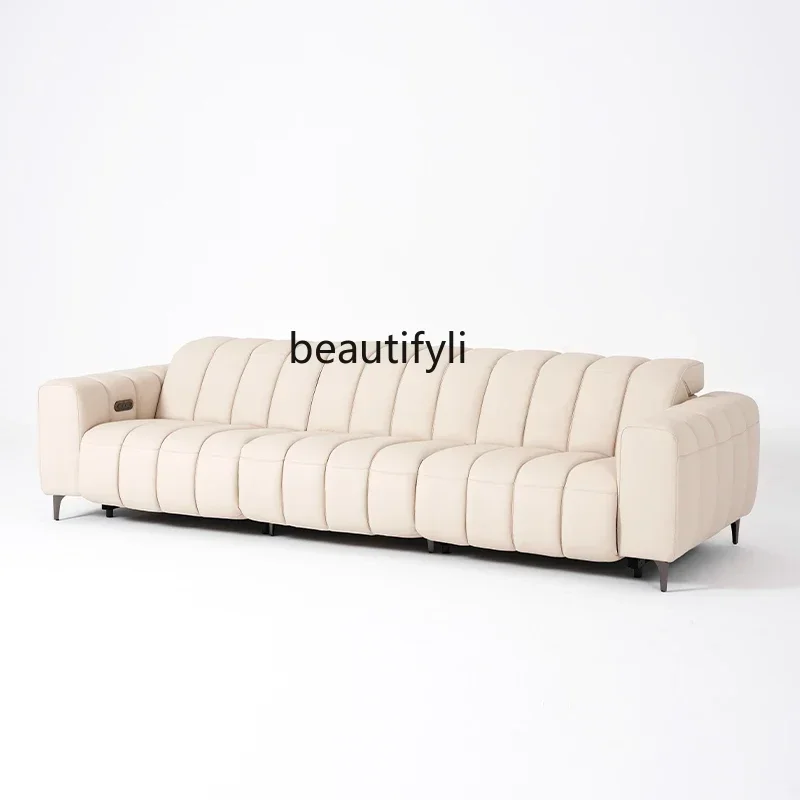 

Italian minimalist leather electric functional sofa first layer cowhide retractable modern simple living room, sofa bed