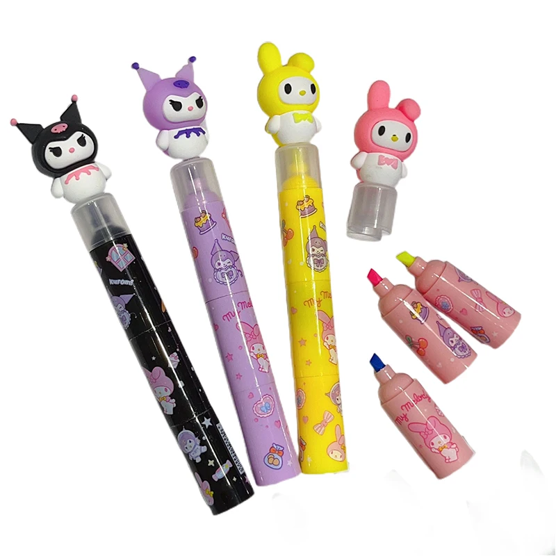 36pcs Sanrio 3-colour Highlighter Kawaii My Melody Kuromi Stationery Color Marker School Supplies Student Marking Pen Wholesale