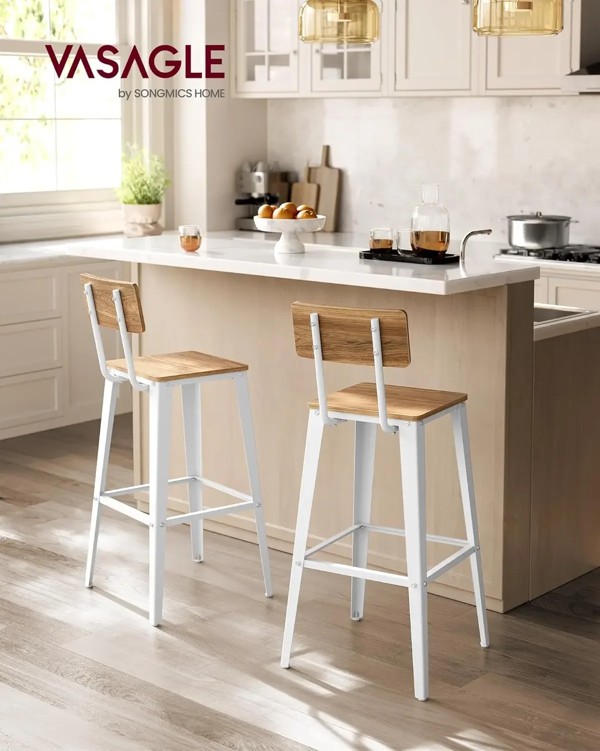 Tall Bar Stools with Back, Bar Chairs, Steel Frame, Industrial Style, Easy Assembly, Wheat Brown and Cloud White ULBC278K01