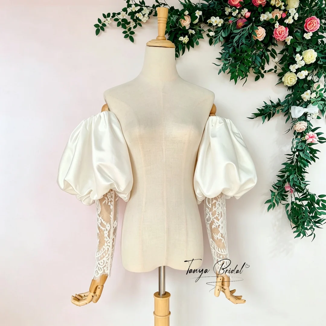 Lace Sleeve for Wedding Dress Satin Long Sleeve with Elastic Mouth Adjustable Bridal Gown Sleeve Replacement Accessory