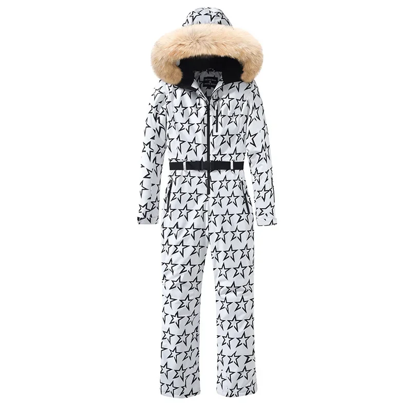 Snowsuit Women Winter Outdoor Skiing Warm Waterproof Windproof Snowboard One-piece Suit Fashion Fur Collar Ski Suit Unisex