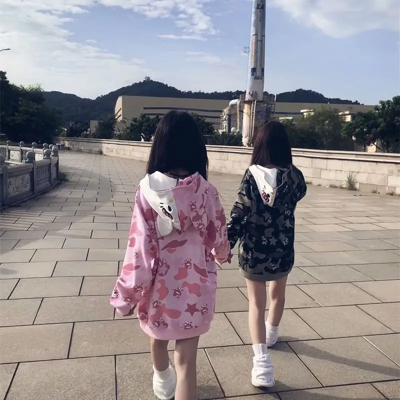 

Women Oversized Hello Kitty Camouflage Hooded Jacket Lovely Cat Ear Design Full Zip Sweatshirt, Embroidery Detail Loose Fit Coat