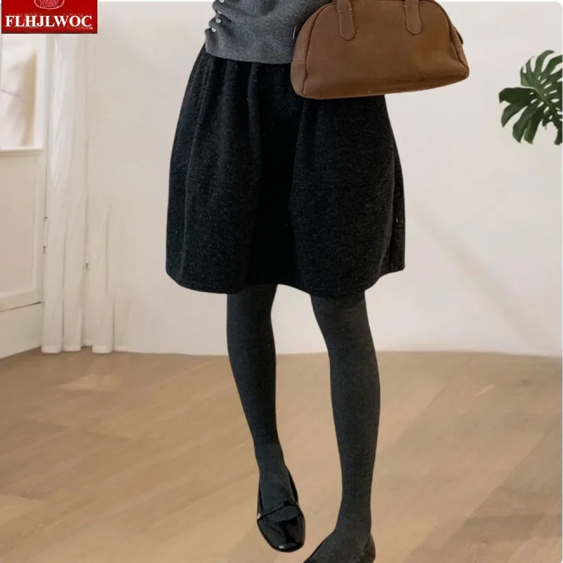 Saias de lã ano novo 2026 primavera mulher bonito japão meninas estilo preppy cintura alta elástica retro vintage preto bonito mini saia