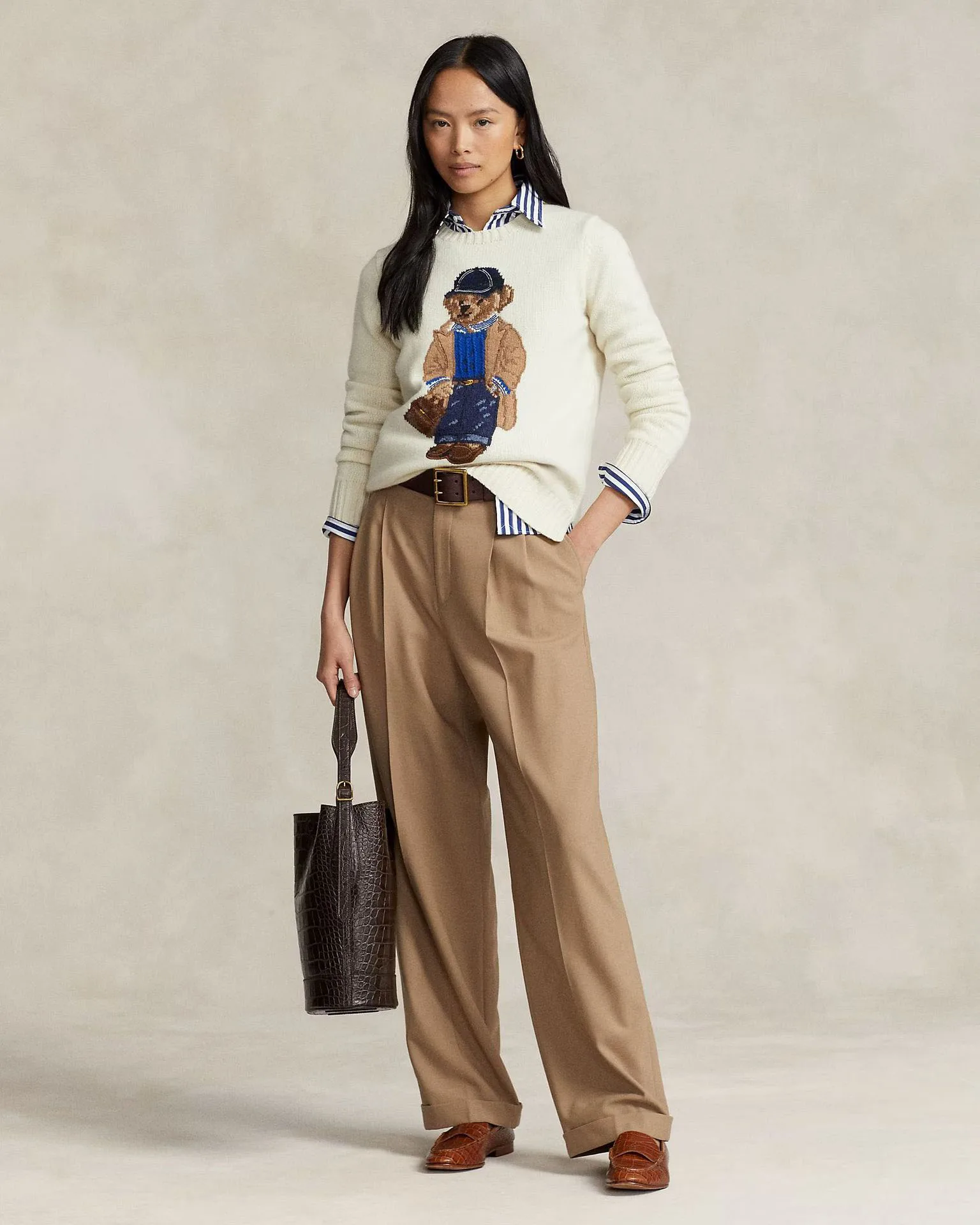 

2026 woman Pony Sweater Classic Polo Vintage Handmade Bear Splicing Collage women Temperament Versatile Knitwear Women's Sweater