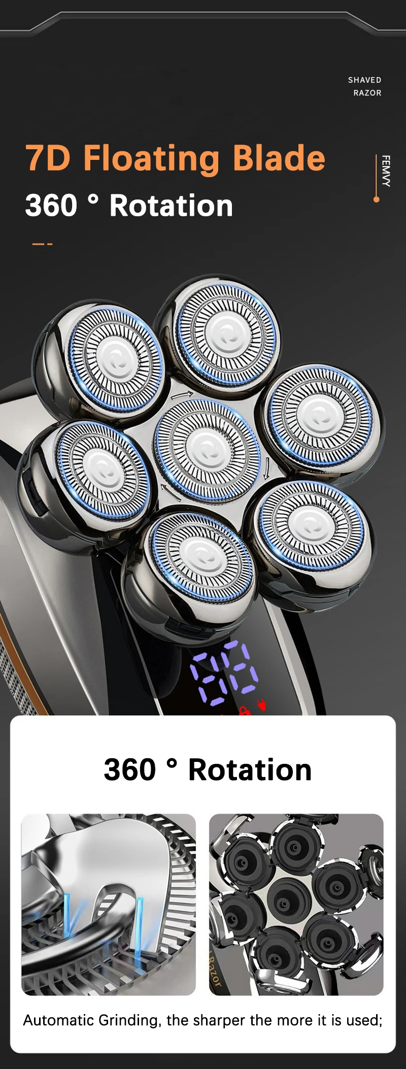 Floating 7-Blade 5-in-1 Electric Shaver For Men Rechargeable Nose Hair Trimmer Facial Cleaning Massager Bald Head Beard Razor