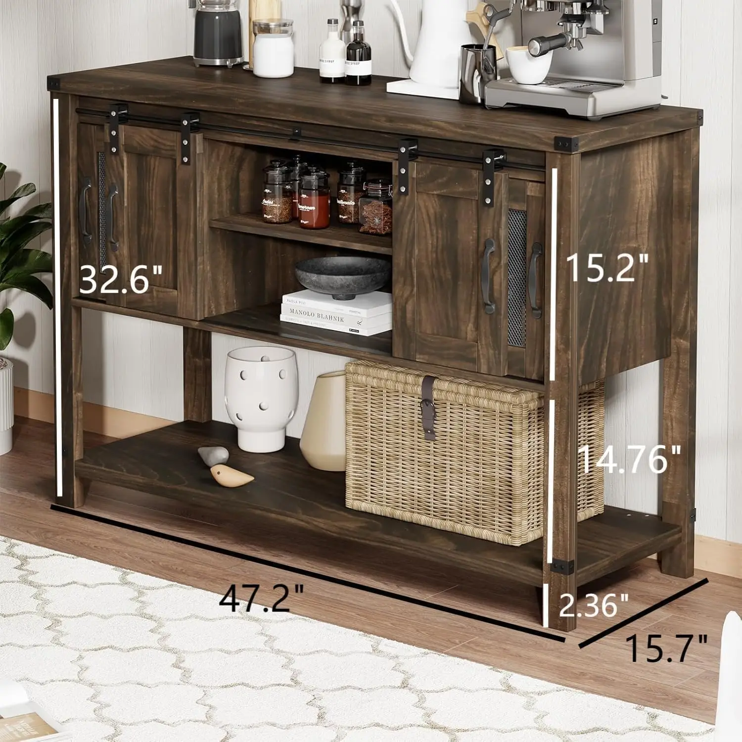 Gabinete de bar de café de granja con almacenamiento, mesa de bar de centro con puerta corrediza de granero, gabinete de buffet de café con puertas de malla metálica