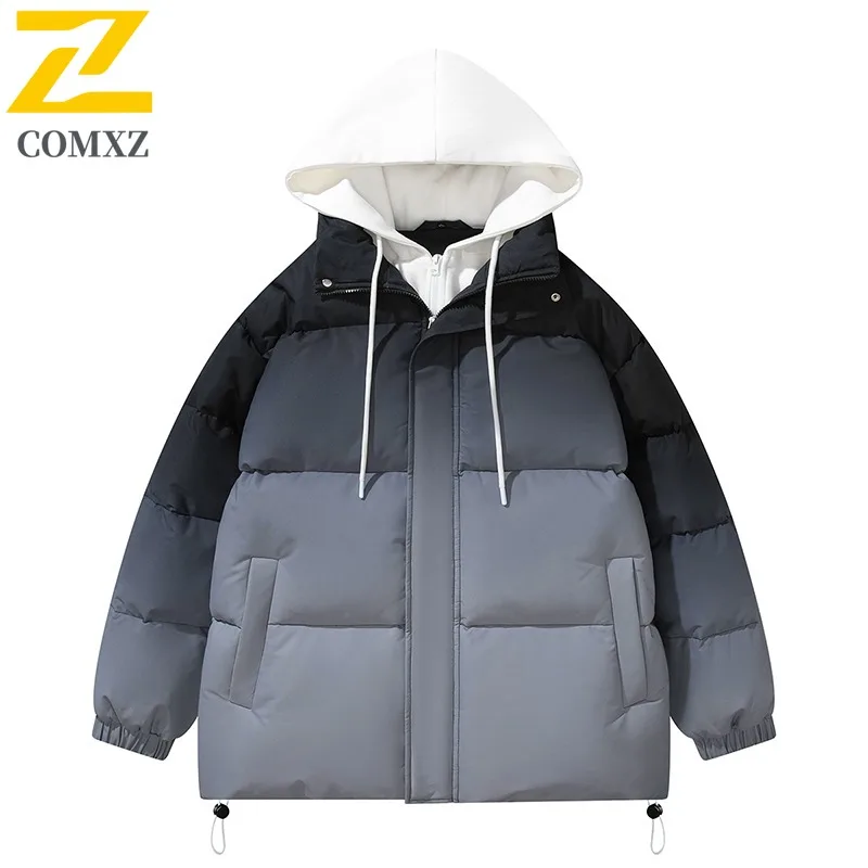 

COMXZ 2025 Men's Gradient Fake Two Piece Hooded Cotton Jacket Winter Thick Warm Loose Fit Youth Trendy Lightweight Coat