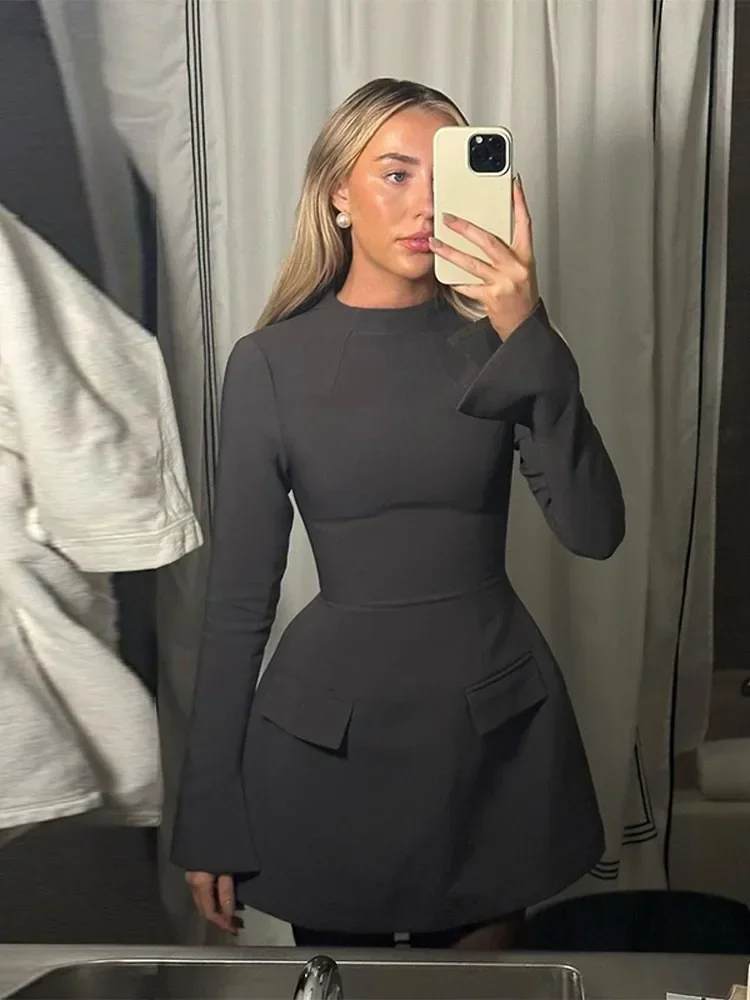 Women Fashion Solid Pockets Mini Dress Elegant O-neck Flare Long Sleeve Bodycon Dresses Female Chic Commuting A-line Robes