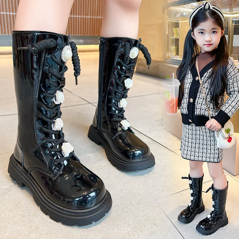 Fashion Children Long Boots for Girls Patent Leather Princess Knight Boots Autumn Winter Flower Versatile Girls Shoes