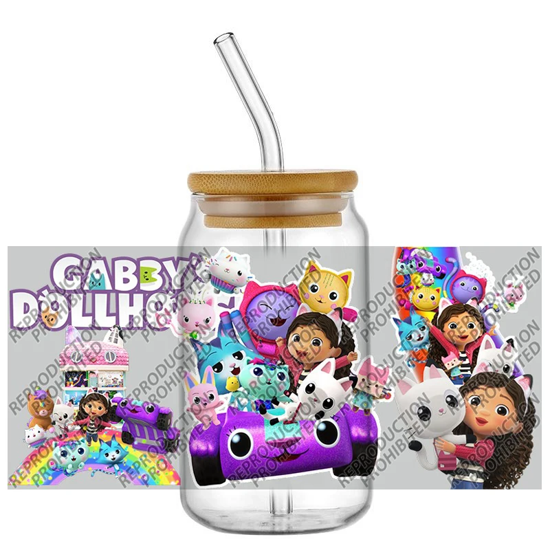 

New Design Cabby Dollhouse 3D Decal UV DTF Cup Wraps for 16oz Waterproof Transfer Sticker Glasses DIY Mug Cute Cartoon Sticker