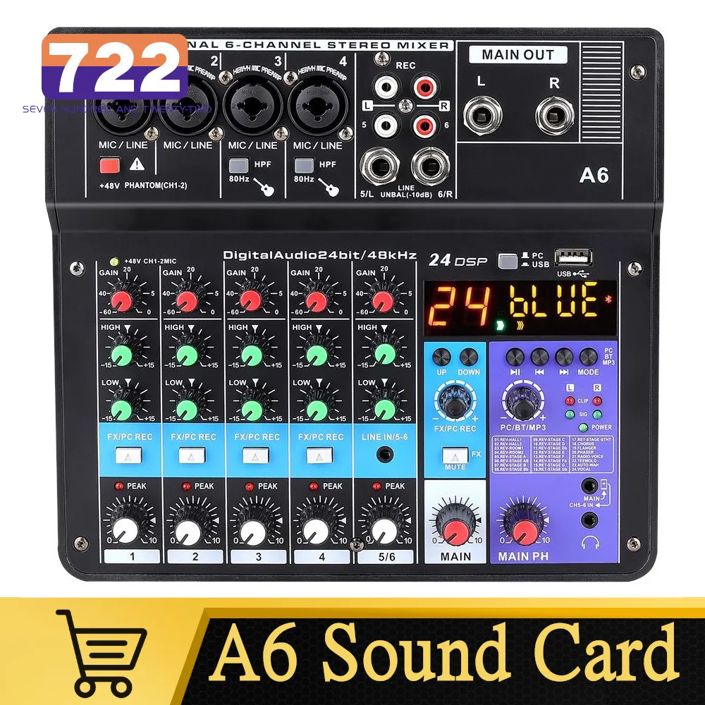 HD A6 A4 Sound Card 8 Channel Bluetooth-compatible Audio Mixer Console USB Recording For Computer Singing Live Broadcast