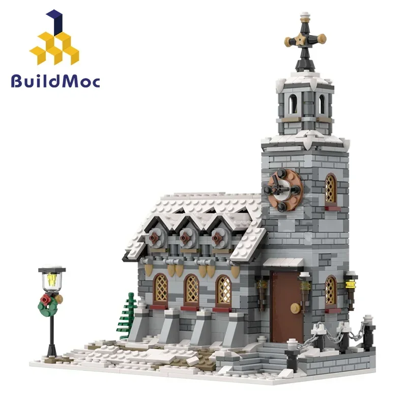 BuildMOC The Medieval Architecture Winter Chapel Building Blocks Christmas Church House Bricks Toys For Children Birthday Gifts