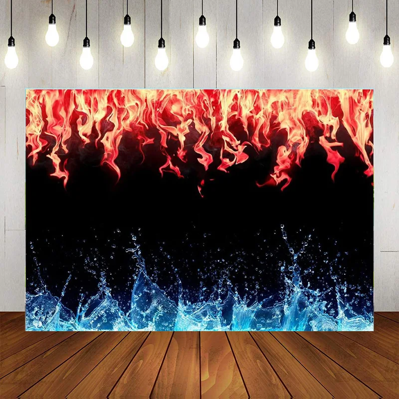 Fire Flames Party Backdrop Sunshine Red Fire Ice Decorations Party Artistic Blue Water Photograghy Background Bonfire Prom Ban