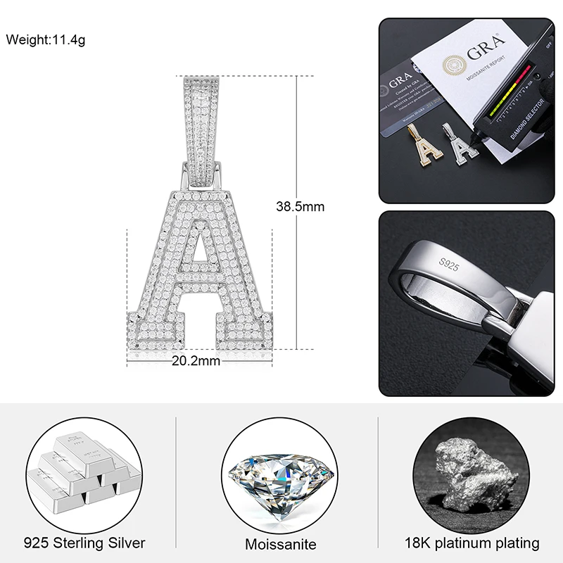 مويسانيتي A-Z رسالة مجوهرات قلادة المرأة مثلج خارج الشق إعداد قلادة شخصية سحر مغني الراب سوبر ستار الهيب هوب الشرير #3