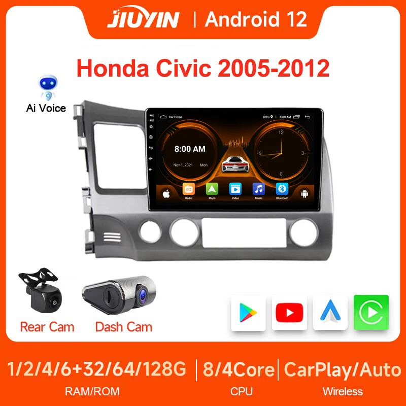 JIUYIN-Autoradio Android, Carplay sans fil avec cadre, GPS, Bluetooth, Stéréo pour Honda Civic 10.1-2005, 2 Din, Écran 2012 pouces