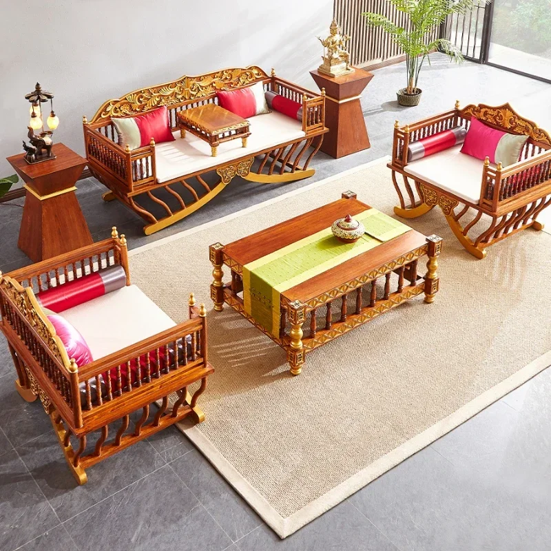 Thai style full solid wood sofa combination set Set of seven pieces of large furniture