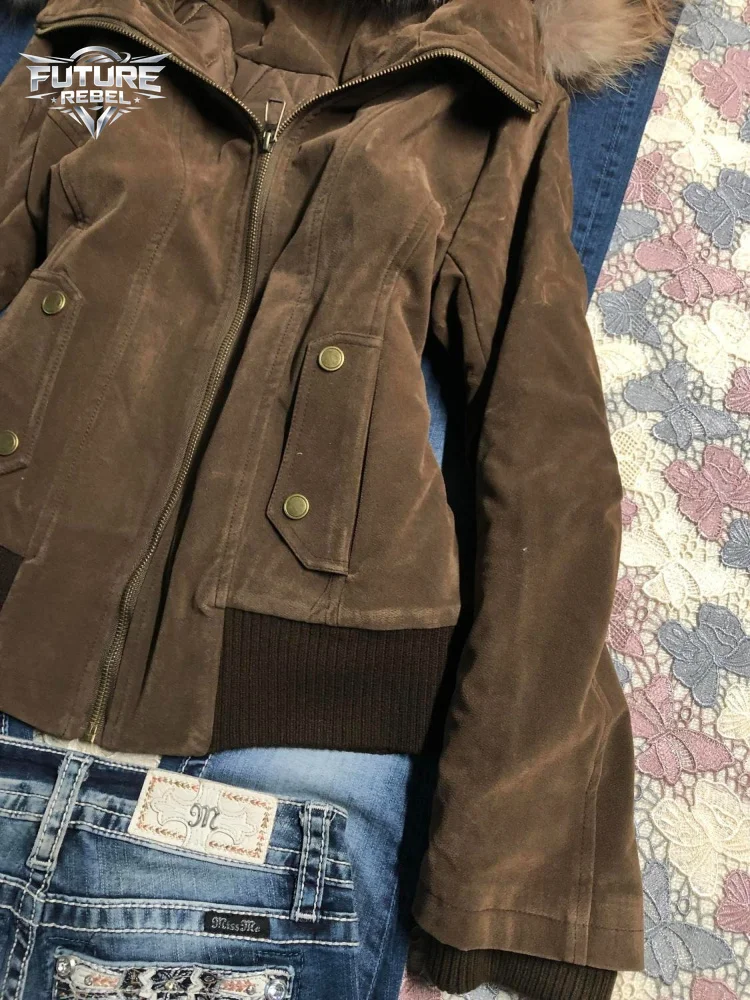 Vintage Brown Faux Fur Hood Parka Jacket Women Winter Thick Padded Short Bomber Coat Retro Ladies Zip Up Slim Fit Warm Outwear