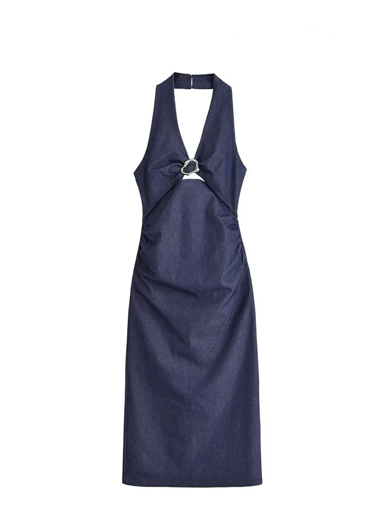 HH 2025 verano mujer moda espalda descubierta dobladillo dividido espalda vestido con cremallera mujeres sin mangas diseño abierto cuello Halter vestido Midi