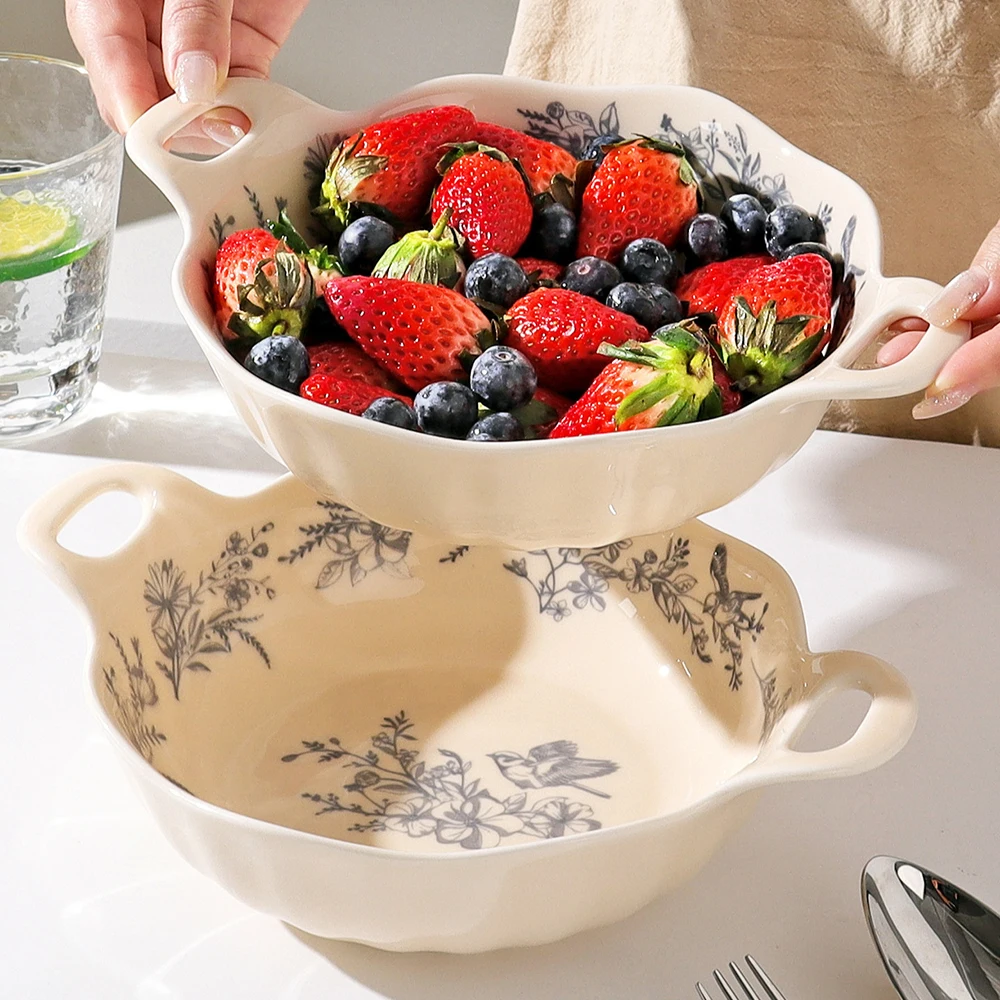 Double Handle Ceramic Soup Bowl Home Kitchen Vintage Floral Underglaze Colour Fruit Bowl Plate Large Capacity Deep Serving Bowls