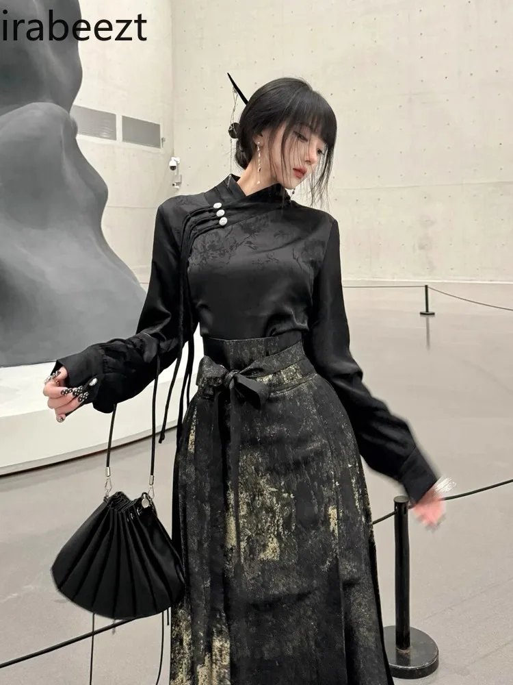 2024 New Spring  Chinese Daily Black Advanced Sense Horse Skirt Suit Woman National Style Top Chinese Clothes for Women