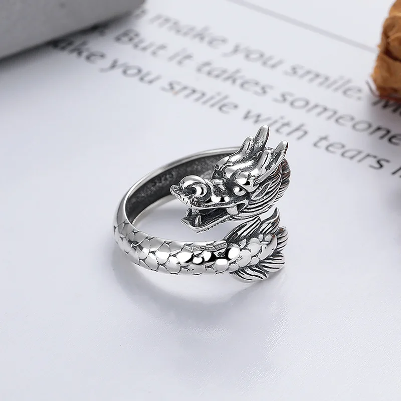 Dragon Ring Woman Men 925 Silver Chinese Adjustable Vintage Sterling Signet Ethnic Style