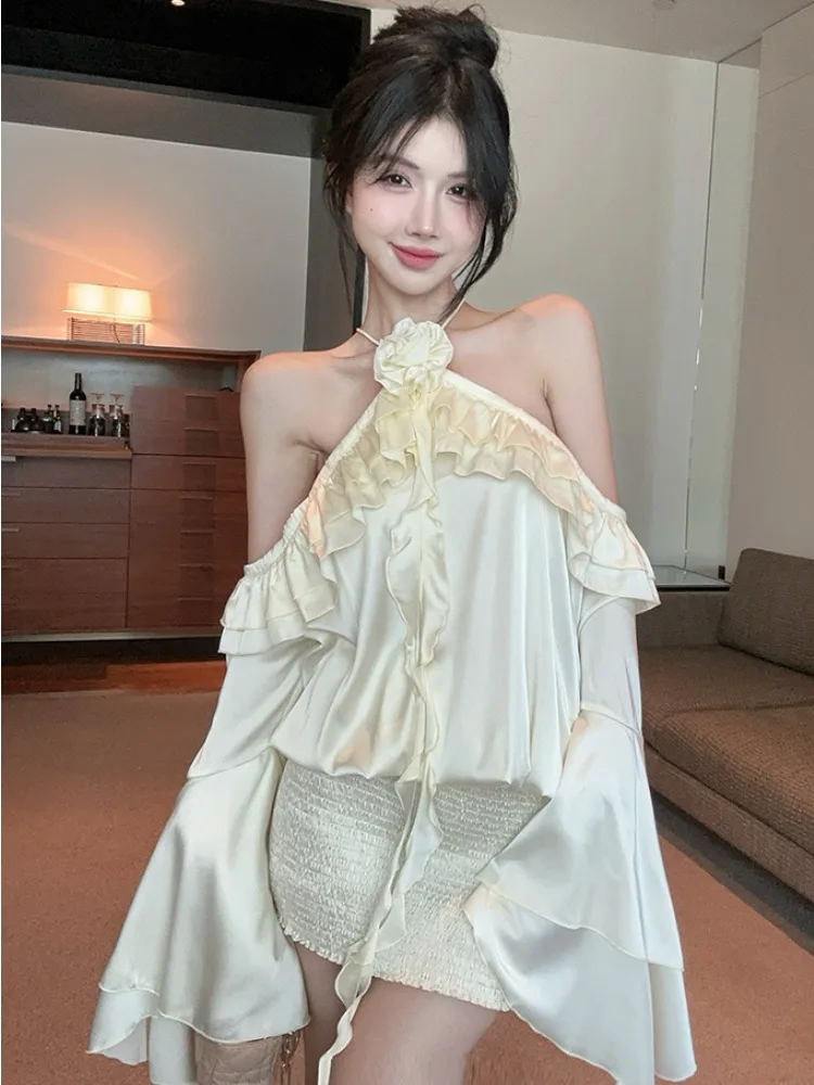 

Spring Pure Desire Sexy oulder Bared Gown Women's Faionable Pleated Bell Sve Ne Hanging Dr Korean Sle Commute