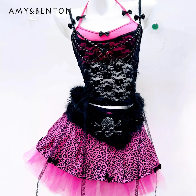 

Сексуальный кружевной бюстгальтер-топ и комплект с юбкой из фатина с леопардовым принтом в стиле винтажный дарк-панк, весна-лето 2026, для женщин