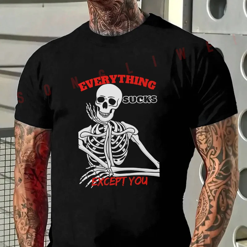 

2026 Casual T-shirt Motorcycle Skeleton Saying Everything Sucks Tshirt Mens Summer Cycling Sportswear Short Sleeve Top Tee