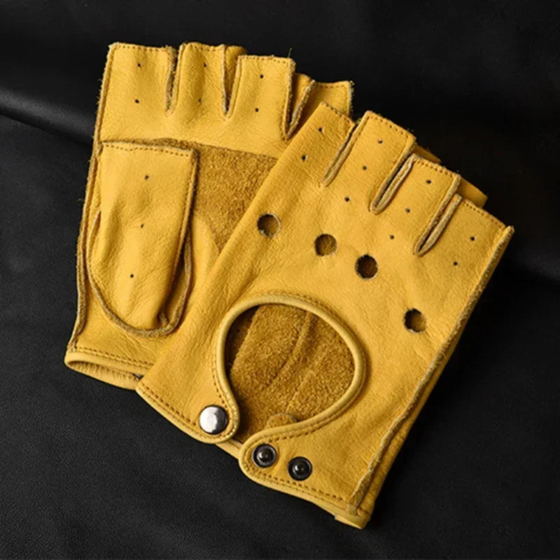 Guantes de cuero Pu sin dedos para hombre, manoplas de medio dedo para conducir, Fitness, motocicleta, ciclismo, piel de cabra, novedad