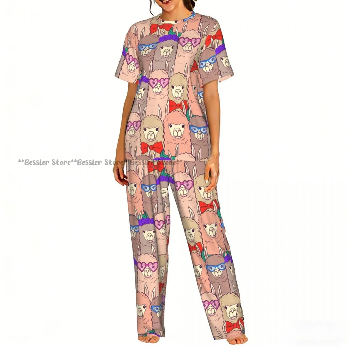 

Милый комплект пижамы с ламами в очках, галстуками-бабочками, цветами и шарфами, женская домашняя одежда с короткими рукавами