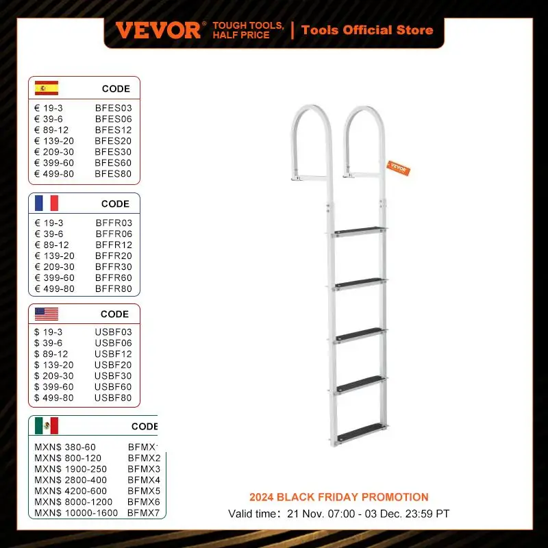 VEVOR 3/4/5 Steps Removable Dock Ladder 350/500Lbs Load Pontoon Boat Ladder with Rubber Mat for Lake, Marine Boarding, Pool