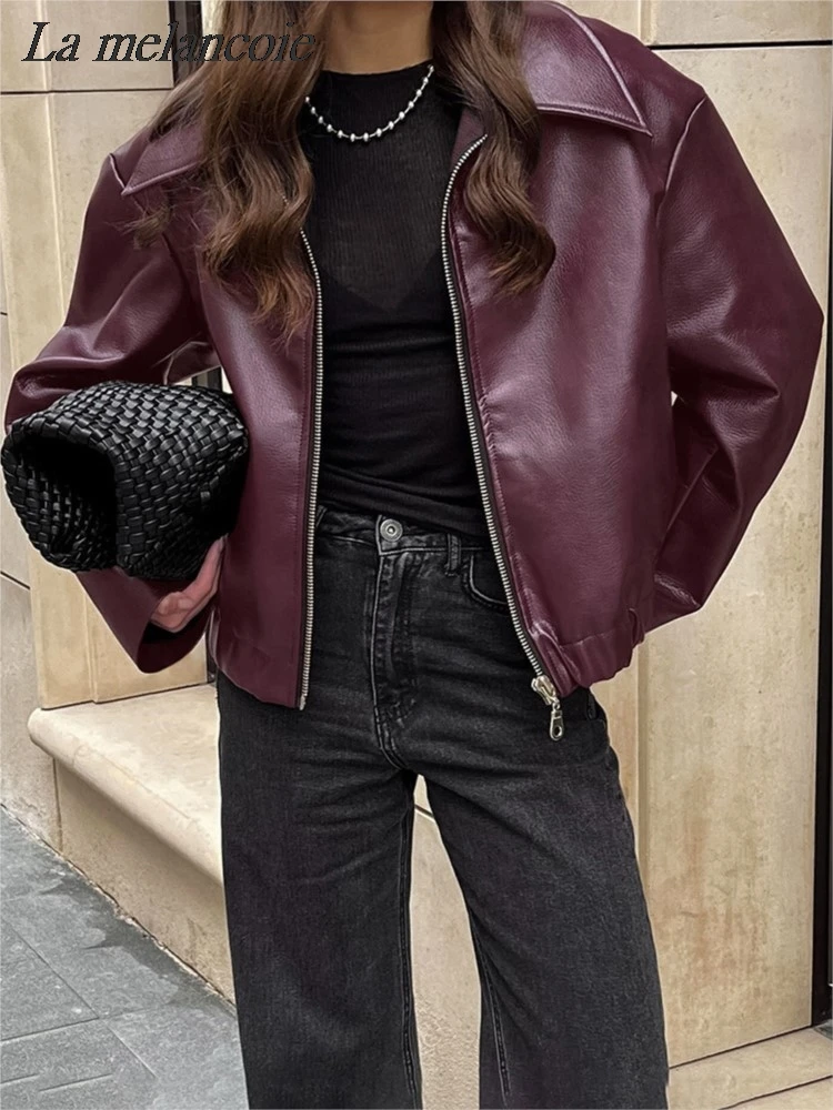 Wine Red Faux Leather Coat Women 2024 Fall Winter Fashion Vintage Long Sleeve Outerwear Thicken Zipper Turn Down Collar Jakcet