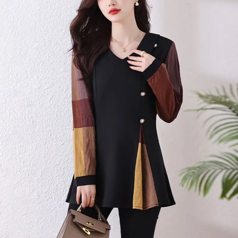 

Fashion Button Spliced Plaid Fake Two Pieces Blouses Women Clothing 2024 Spring Summer New Loose Korean Tops Office Lady Shirts