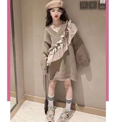 3-14 Years Kids Sweater Dresses for Girls Loose Ruffles V Neck Long Sweaters Toddler Teenager Girls Fall Dress Clothing Children