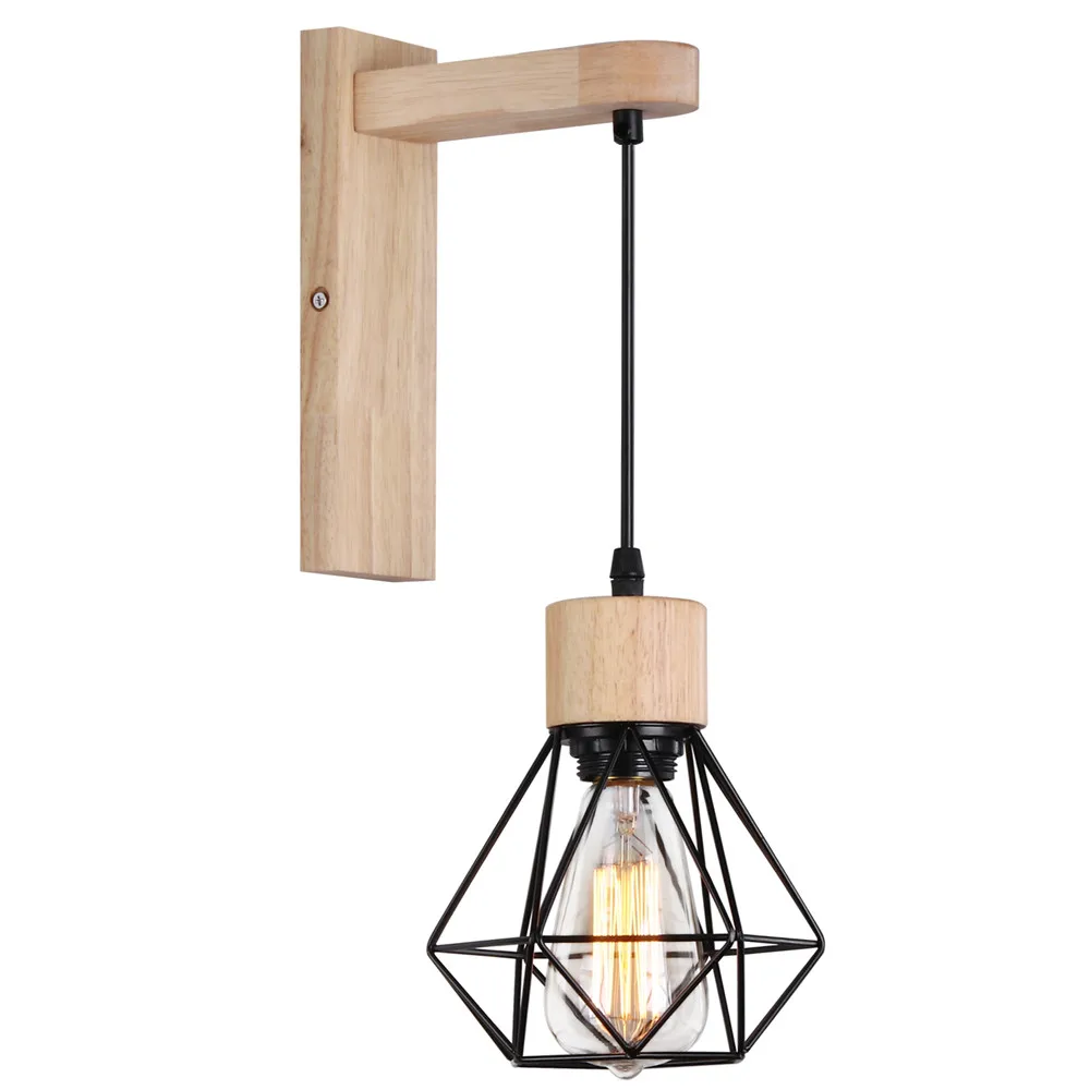 

Modern Simple Wood Iron Cage Wall Lamp Nordic Pastoral Wall Light Indoor Home Decor Dining Room Bedside Lamp Suspension Sconce