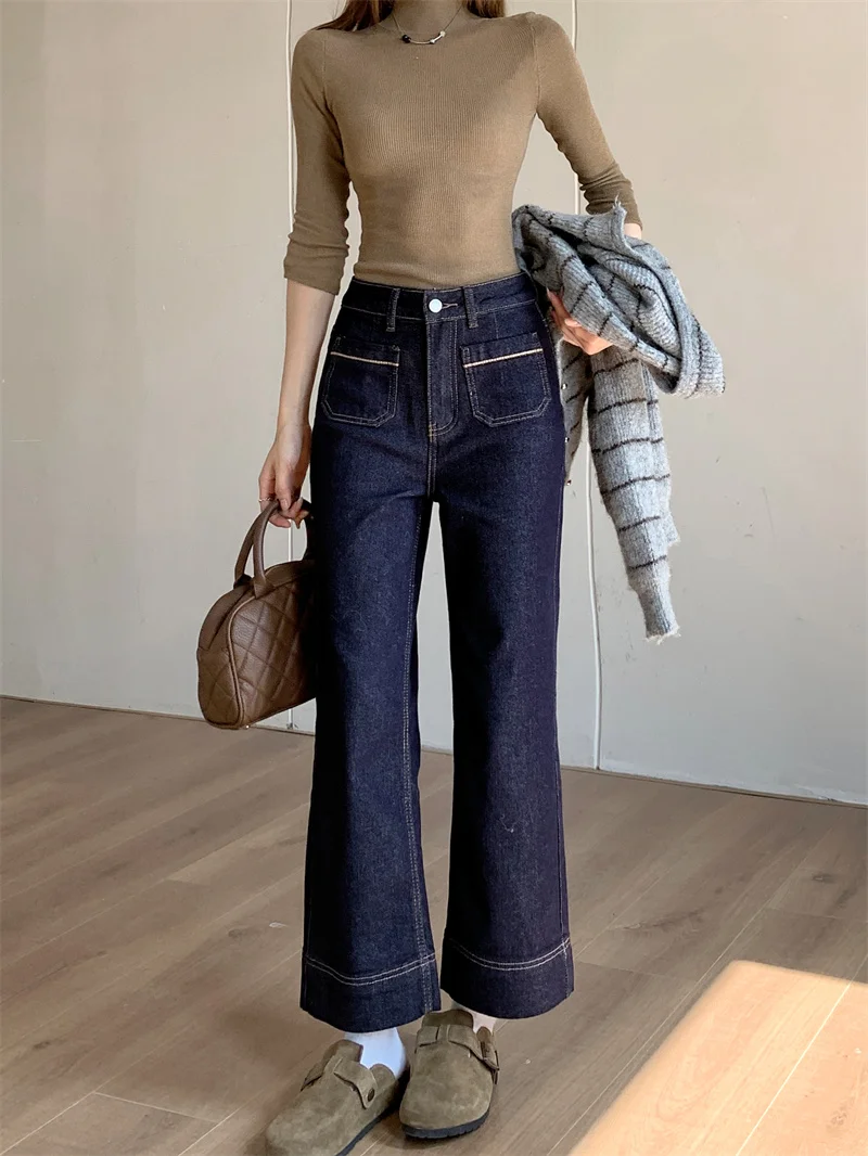 Women Korean Vintage Stitch Flare Denim Pants High Waist Cropped Slight Stretch Slim Hot Girl Tall Look Denim Long Trousers