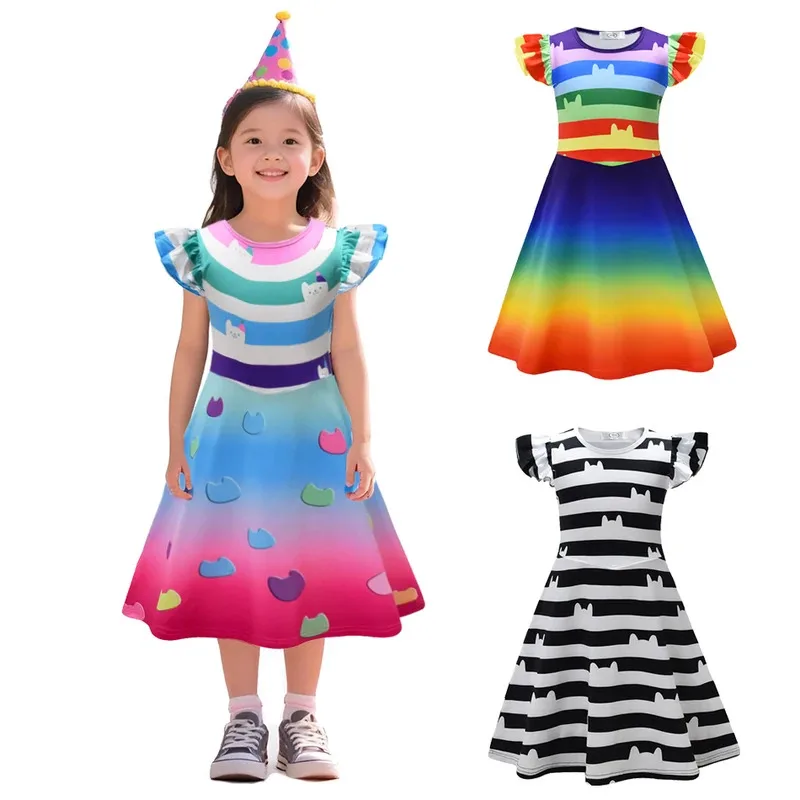 

Summer Girl Colorful Printed Dress Gaby Doll House Cosplay Clothing Girls Flying Sleeve Dress + Bag Kids Casual Clothing
