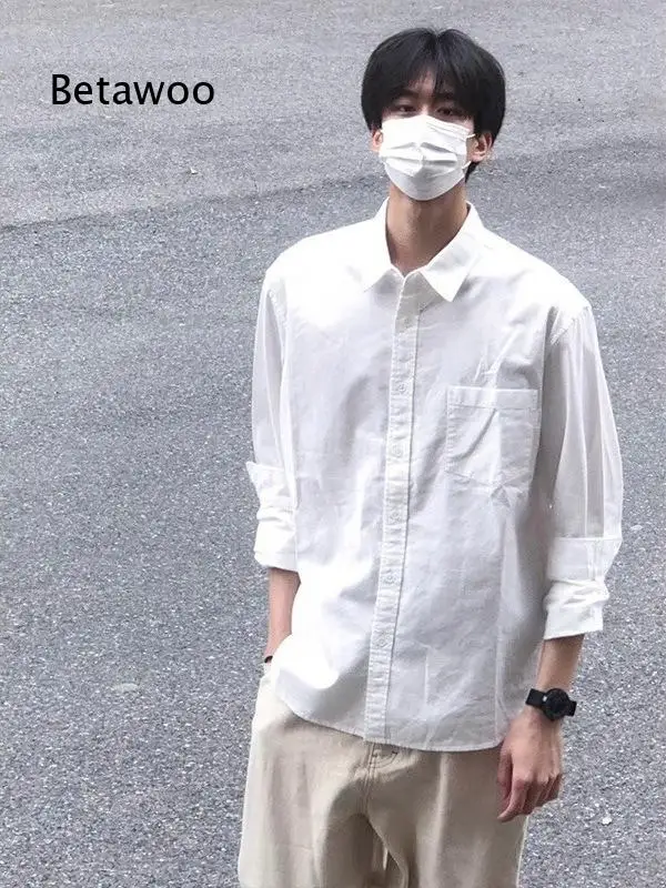 American Heavyweight Pure Cotton Long Sleeve White Shirt For Men Loose Casual Inner Layer Japanese Stylish Blouse Suitable For