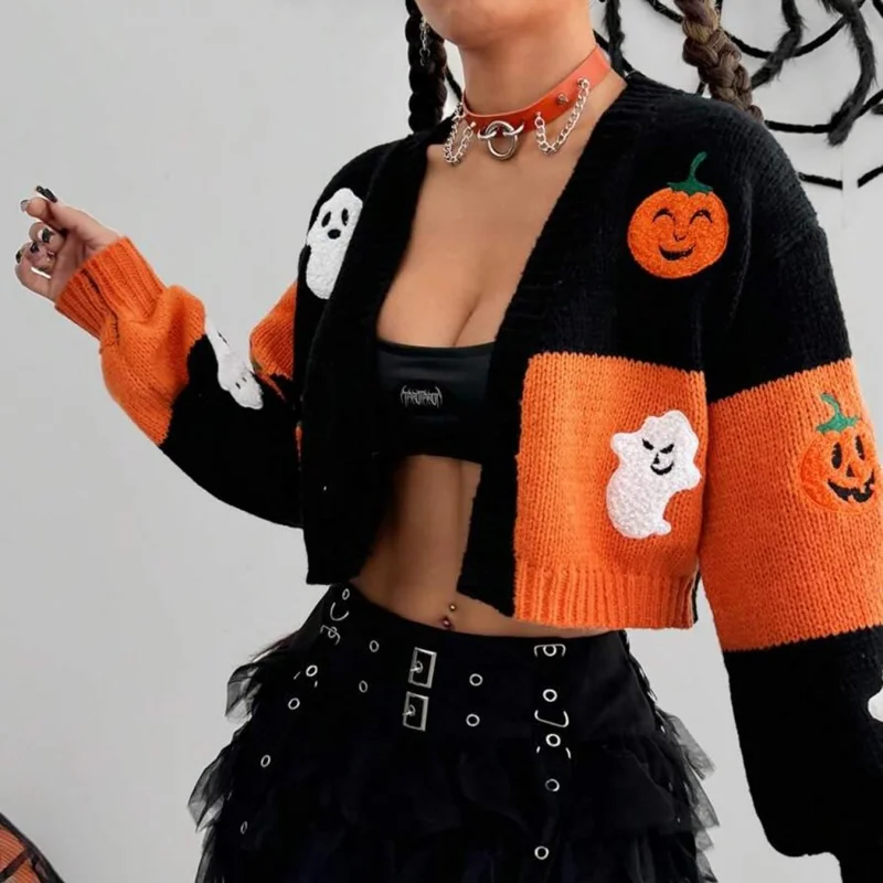 Women Halloween Cropped Cardigan Pumpkin Ghost Embroidered Long Sleeve Open Front Knitted Tops for Winter Fall
