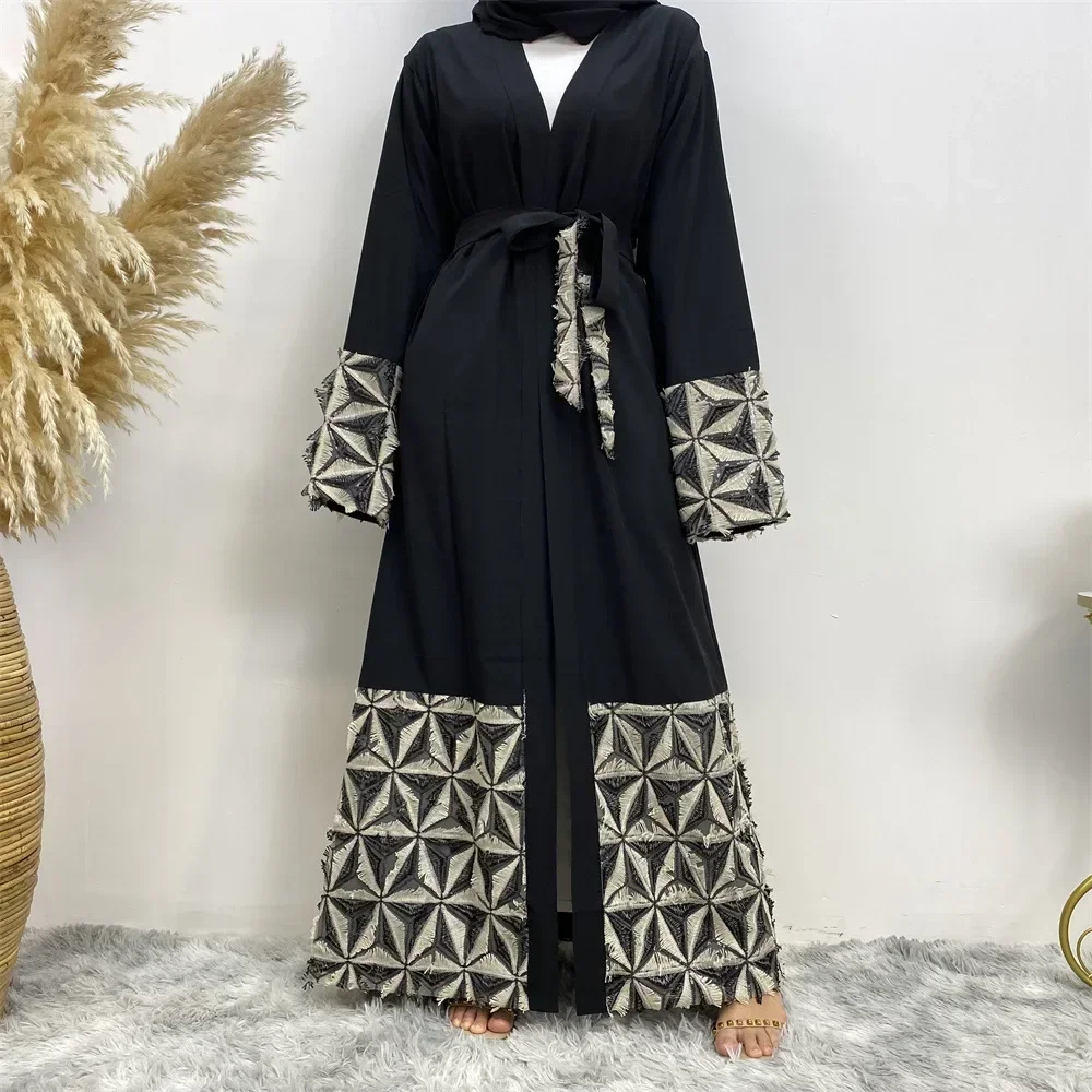 

Woman Muslim Abaya Patchwork Casual Loose Long Skirt Muslim Saudi Robe Dress Middle East Arab Fashion Frenulum Long Sleeve Dress