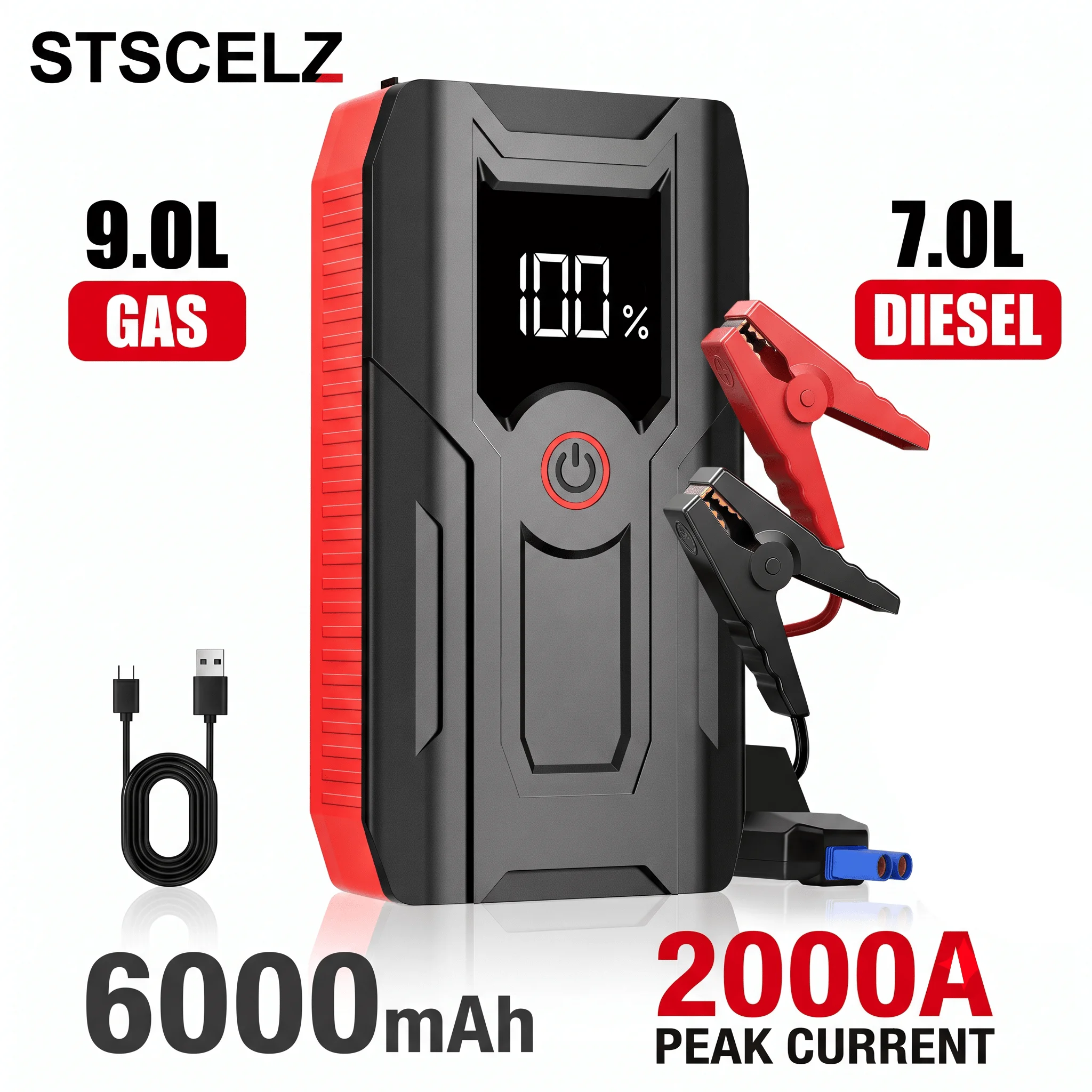 Image of STSCELZ 2000A Auto-Starthilfe, 6000mAh Tragbarer Batterie-Booster für 9,0L Benzin- und 7,0L Dieselmotoren mit LED-Licht