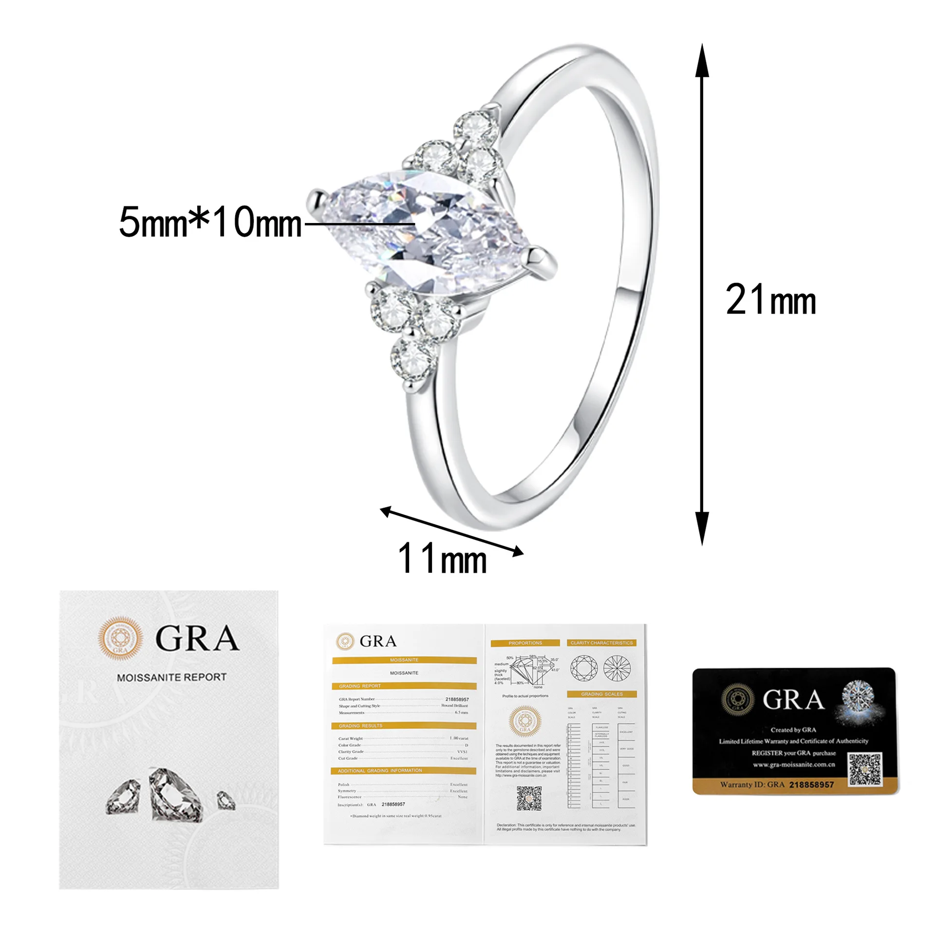 LioraGem 1 Carat Marquise Moissanite Ring Women's Light Luxury Niche Design Engagement Rings Platinum PT950 Stamp