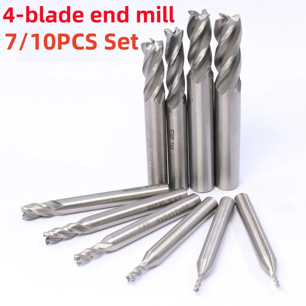 7Pcs/10Pcs Milling Cutters 4-Flute Titanium Coated HSS End Mill Set 1.5-10mm CNC Router Bit For Wood Steel Milling
