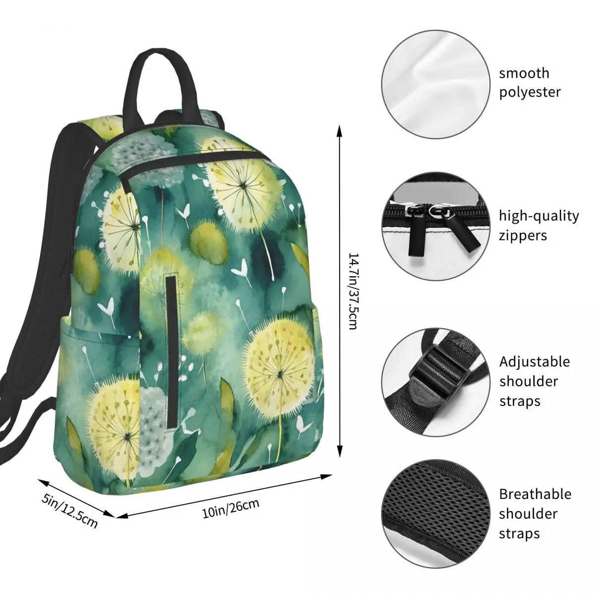 Floral And Dandelion Light Green Pattern Backpack Student BookBag Kids School Bag Computer Shoulder Bags Boys Girls