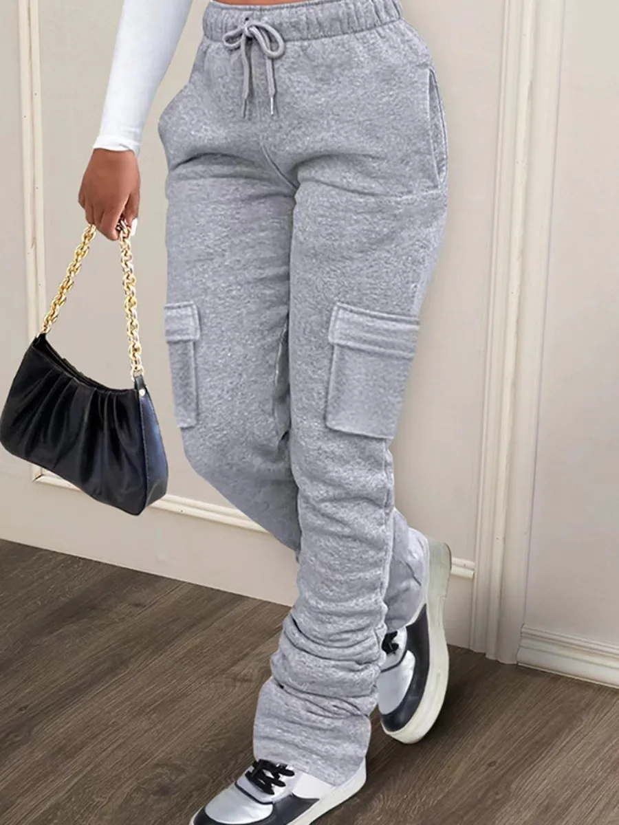 

LW Casual Grey High Waist Drawstring Side Pocket Sweatpants Stacked Cargo Pants Solid Color Trousers With 4 Pockets